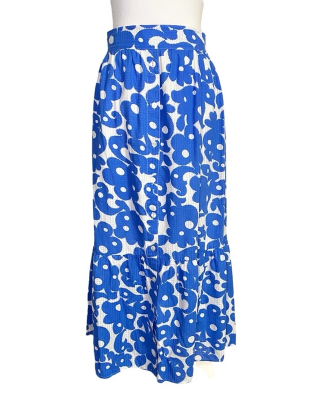 Xírena Blue & White Abstract Floral Cotton Maxi Skirt Button Front